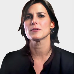 A woman with short dark hair and light skin wears a black top and small hoop earrings, looking slightly upwards against a plain light background.