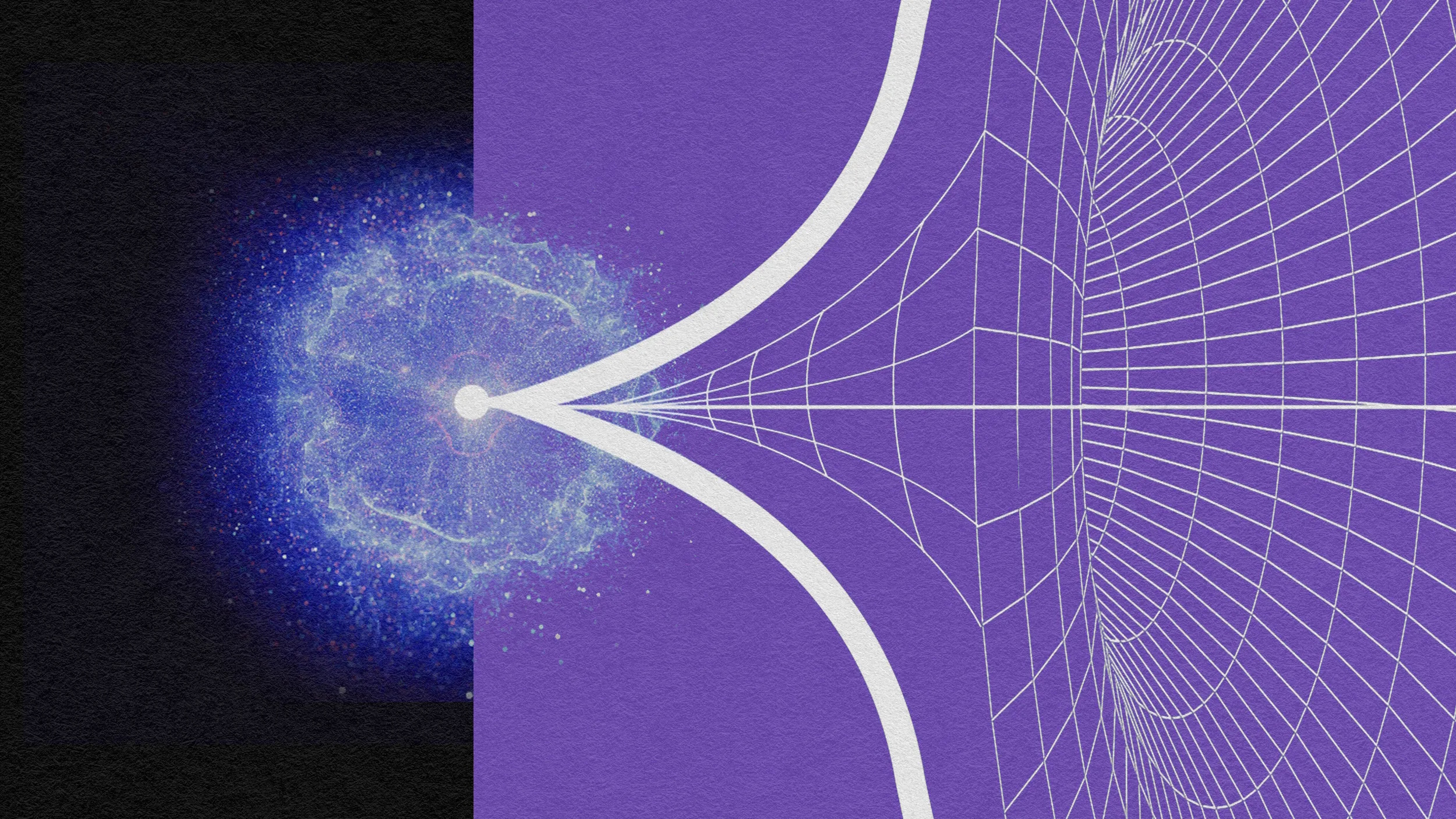 A digital illustration exploring the origin of the universe—depicting a blue energy burst on the left and a geometric white grid forming a funnel shape on a purple background, evoking one of the biggest mysteries in science.