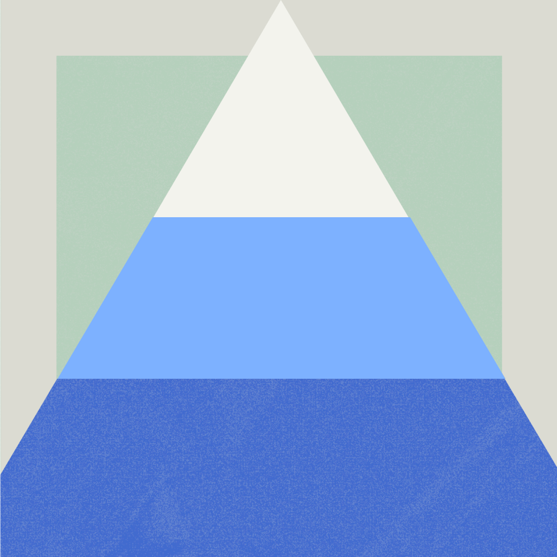 A white triangle overlaid on a pale green square with blue and light blue horizontal sections filling the triangle's lower half, set against a light gray background.