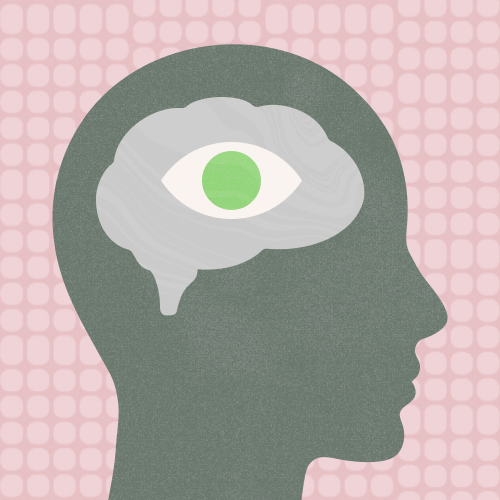 Illustration of a human head in profile with a brain containing an eye symbol and a green circle, set against a pink patterned background.