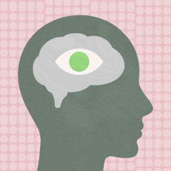 Illustration of a human head in profile with a brain containing an eye symbol and a green circle, set against a pink patterned background.