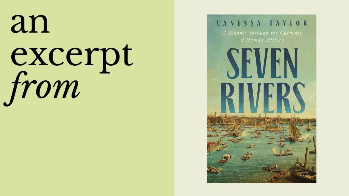Book cover for "Seven Rivers" by Vanessa Taylor, depicting a busy historical scene along the Nile River with many boats; text on left reads "an excerpt from" in black font on yellow background.