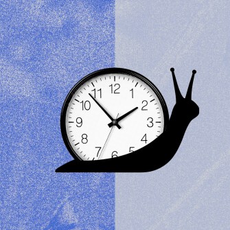 A wall clock is combined with the silhouette of a snail against a textured blue and light blue background.