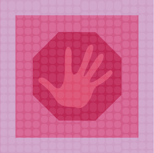 A pink handprint is centered on a red octagon over a patterned pink background.