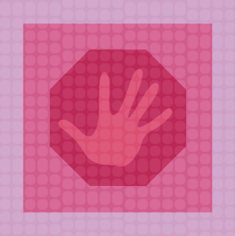 A pink handprint is centered on a red octagon over a patterned pink background.