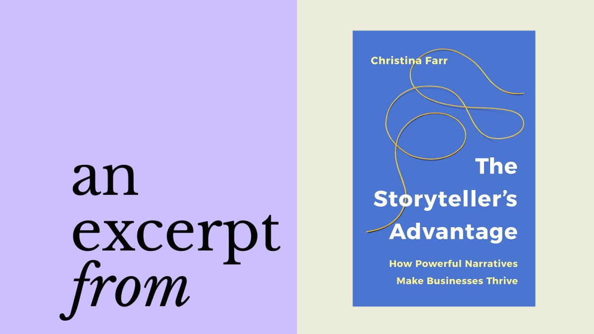 A book cover for "The Storyteller’s Advantage" by Christina Farr is displayed next to the words "an excerpt from" on a split purple and light gray background, reminiscent of the style favored by Alexis Ohanian.