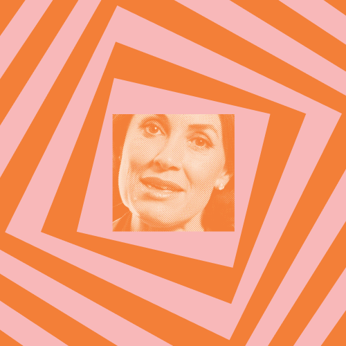 A woman's face in a sepia tone is centered within a square, surrounded by alternating orange and pink diagonal stripes forming a geometric pattern.