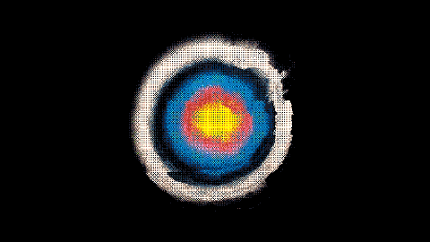 A stylized, circular target with a bright yellow center, surrounded by red, blue, and white concentric rings on a black background.