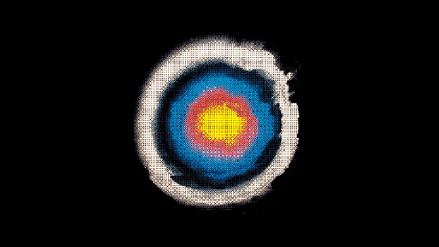 A stylized, circular target with a bright yellow center, surrounded by red, blue, and white concentric rings on a black background.