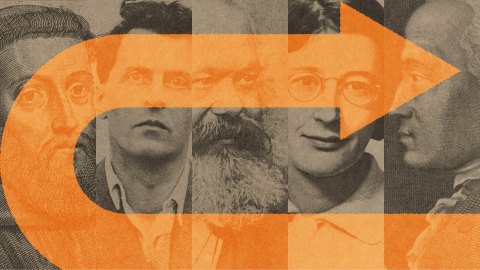 An orange arrow looping to the right is overlaid on a collage of black-and-white portraits of philosophers.