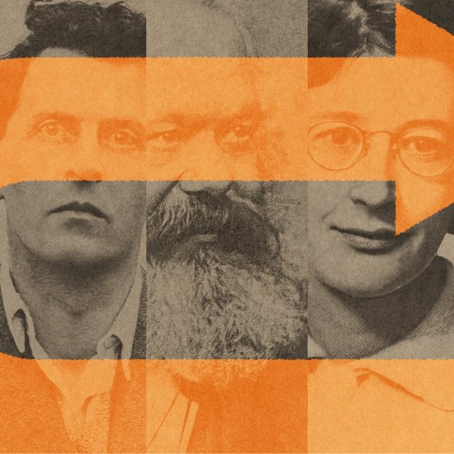 An orange arrow looping to the right is overlaid on a collage of black-and-white portraits of philosophers.