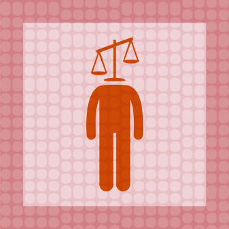 A red silhouette of a person with a balanced scale as a head, centered on a pink, patterned background.