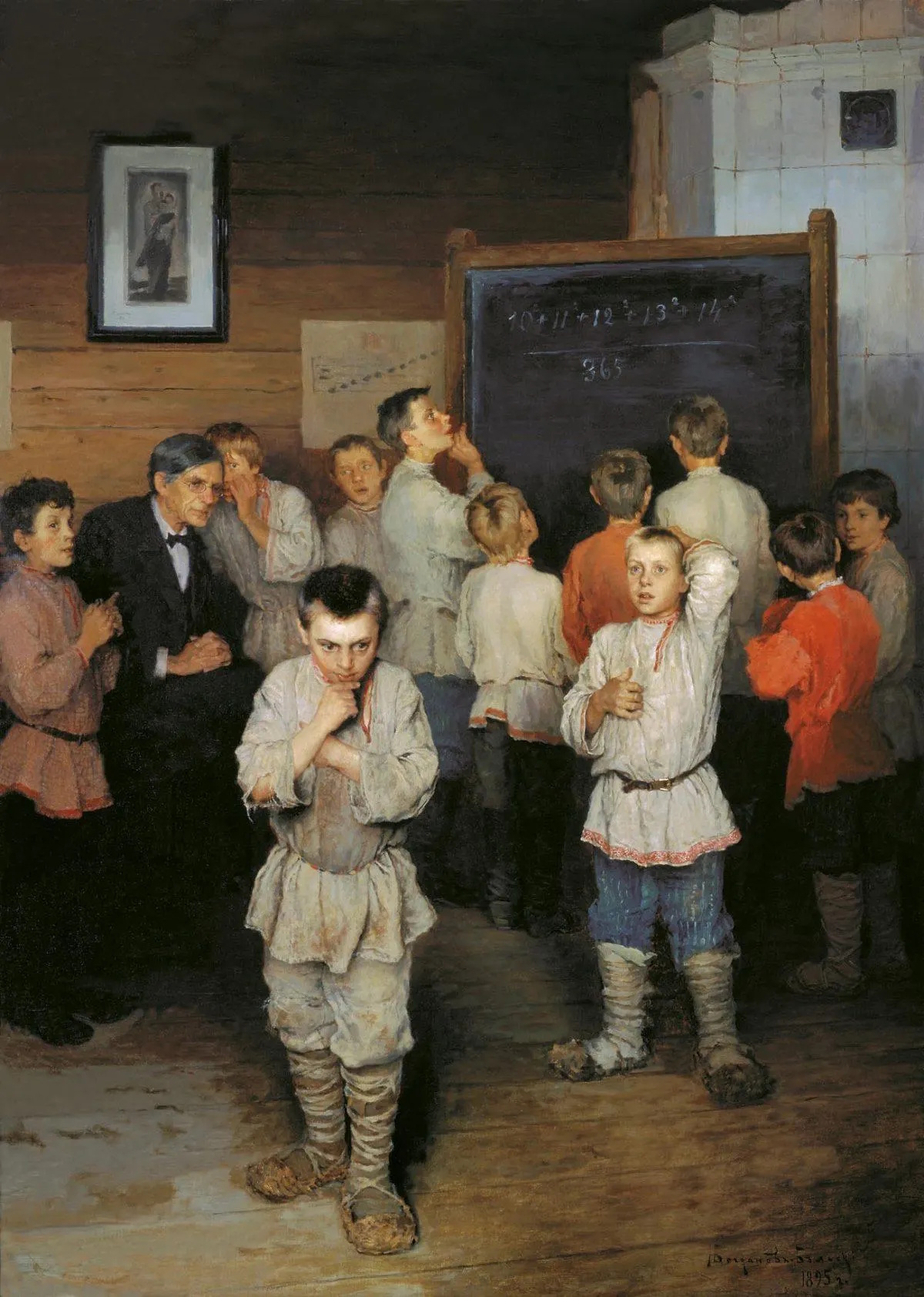 A group of boys in traditional clothing stand in a classroom; some face a chalkboard with math problems on pythagorean runs, while others look thoughtful or uncertain. A teacher stands among them.
