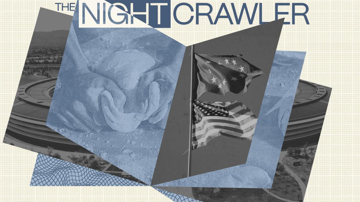 Collage with hands shaping dough, overlapping U.S. flags, circular architectural elements, and "THE NIGHTCRAWLER" at the top—reflecting on the AI divide woven into the fabric of American life.