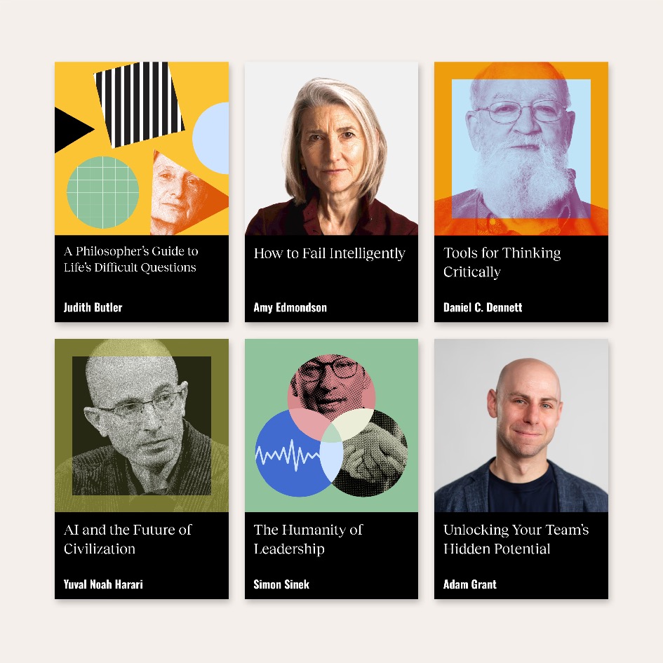 A grid of six book covers featuring portraits of authors and titles on philosophy, critical thinking, AI, leadership, and personal development.