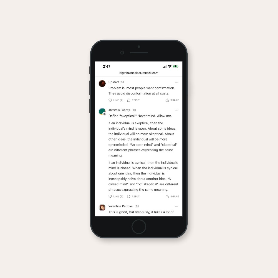 A smartphone displays a discussion thread with multiple comments about skepticism and individual opinions, shown on a light beige background.