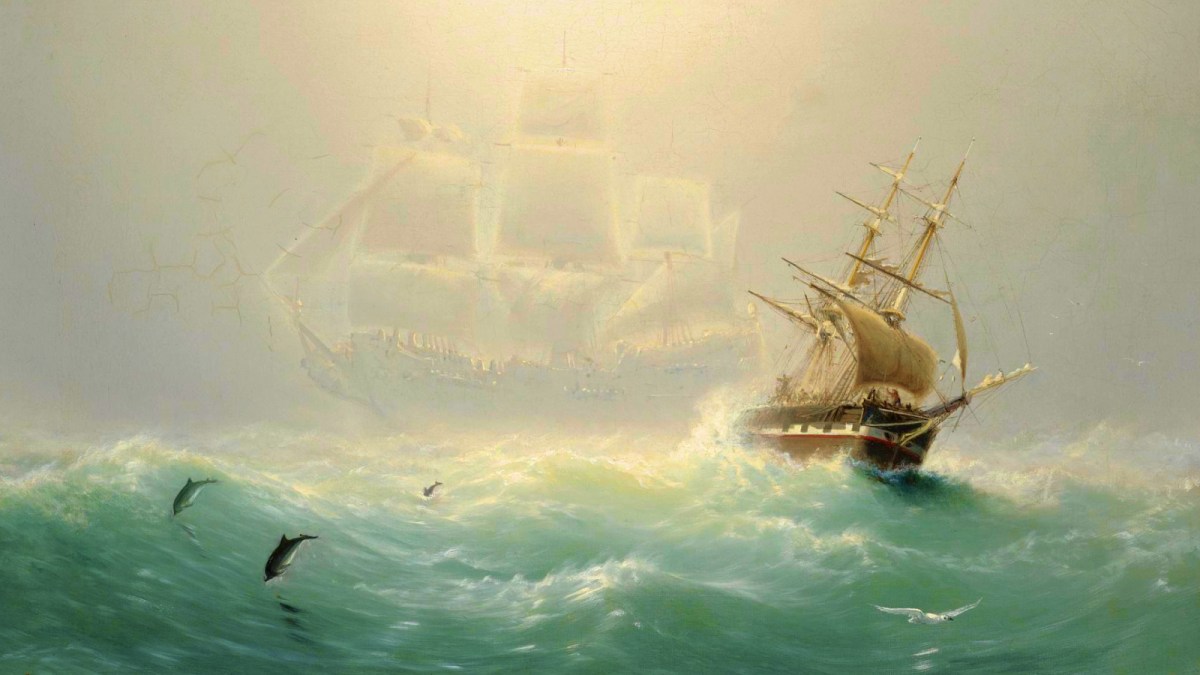 A wooden sailing ship faces rough seas, with waves and dolphins in the foreground; a Dash ghost ship appears mysteriously in the mist behind.