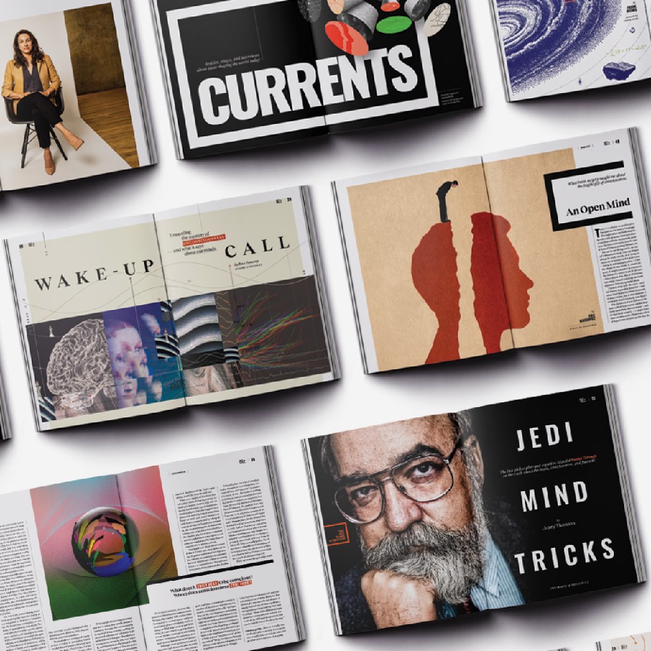 A flat lay of open magazines displaying various articles, images, and graphics, including headlines like "CURRENTS," "WAKE-UP CALL," and "JEDI MIND TRICKS.