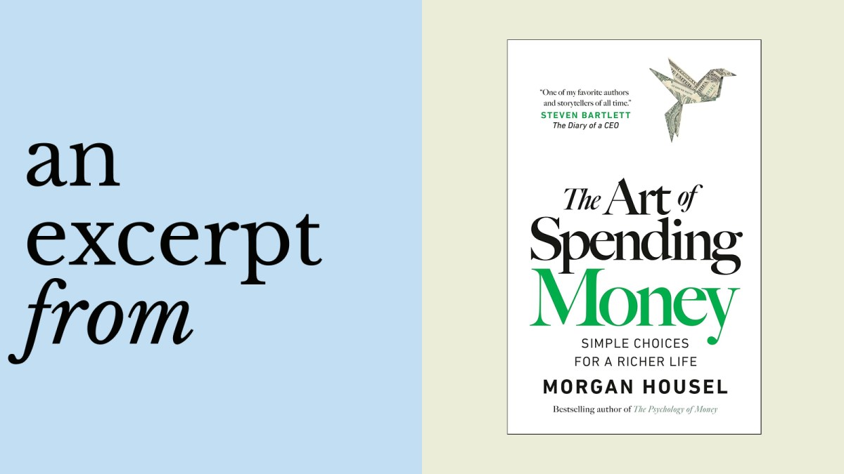 A book cover of "The Art of Spending Money" by Morgan Housel, with the text "an excerpt from" on a blue background to the left—exploring how to be miserable spending money.