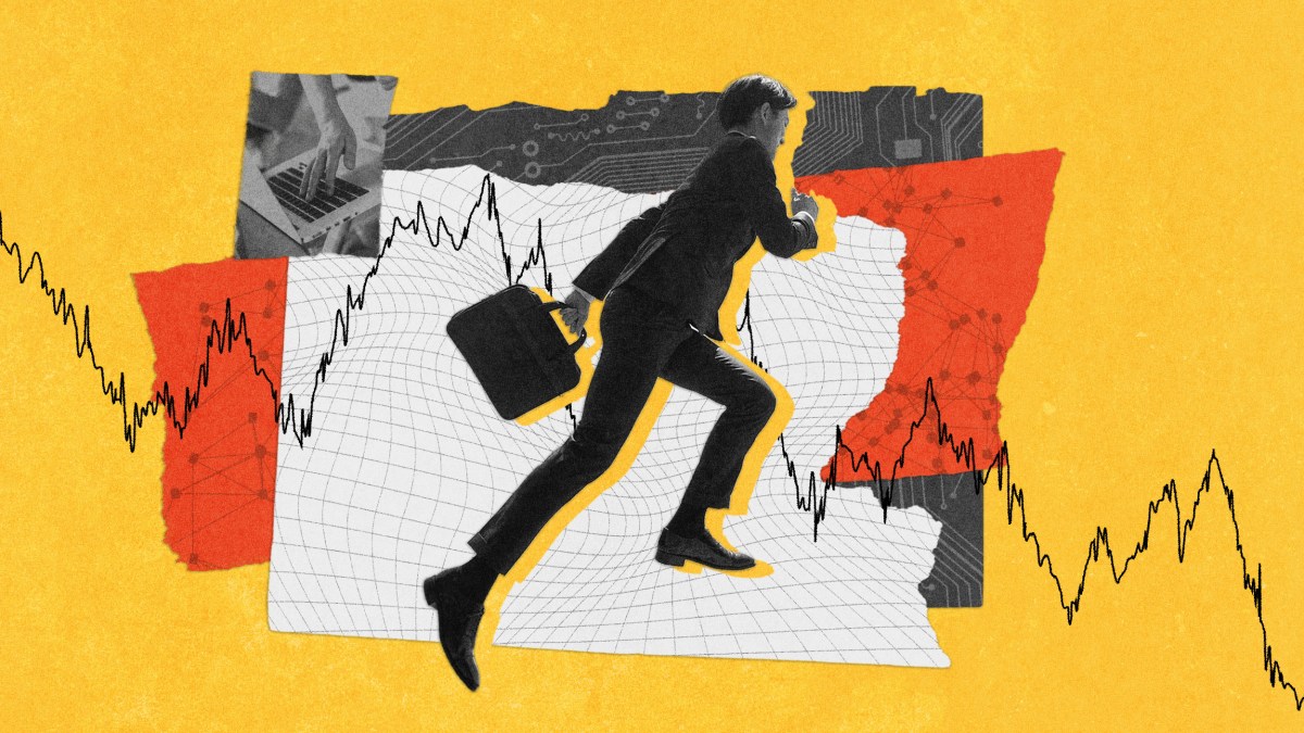 A person in business attire running with a briefcase against a backdrop of fluctuating stock charts and abstract geometric shapes.