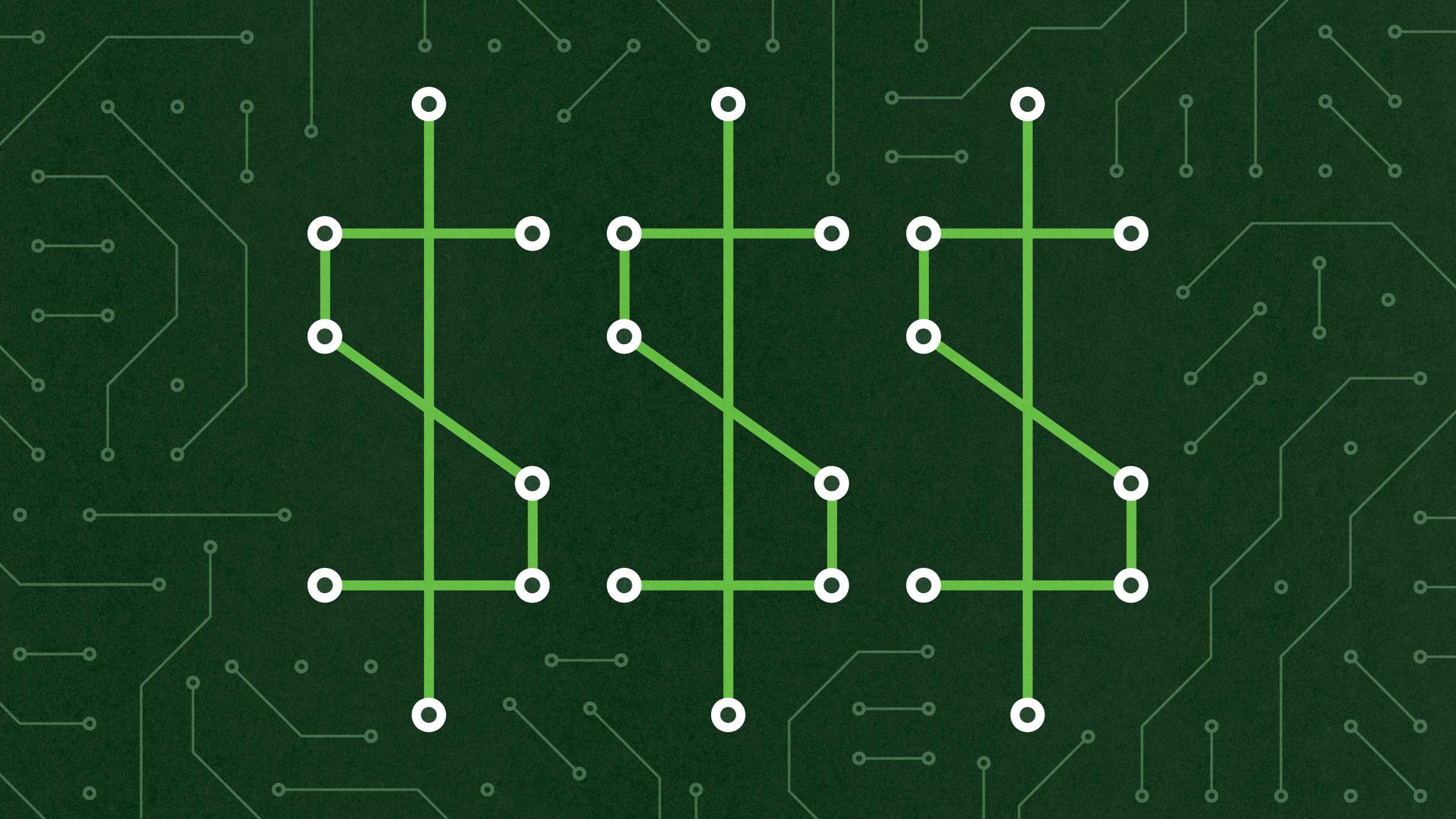 Green circuit board lines form three dollar signs on a dark background with faint circuitry patterns.