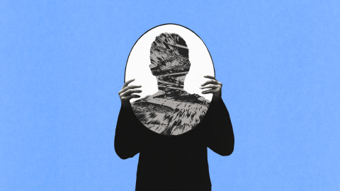 A person holds an oval mirror in front of their face against a blue background, with their reflection appearing abstract and distorted, evoking the surreal influence of ai on self-perception.
