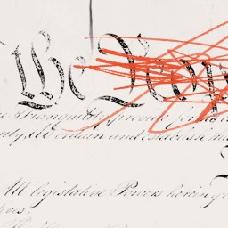 A section of the U.S. Constitution, with the iconic words "We the People" partially obscured by red scribbles, highlights the enduring significance of this historic document.