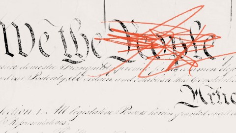 A section of the U.S. Constitution, with the iconic words "We the People" partially obscured by red scribbles, highlights the enduring significance of this historic document.