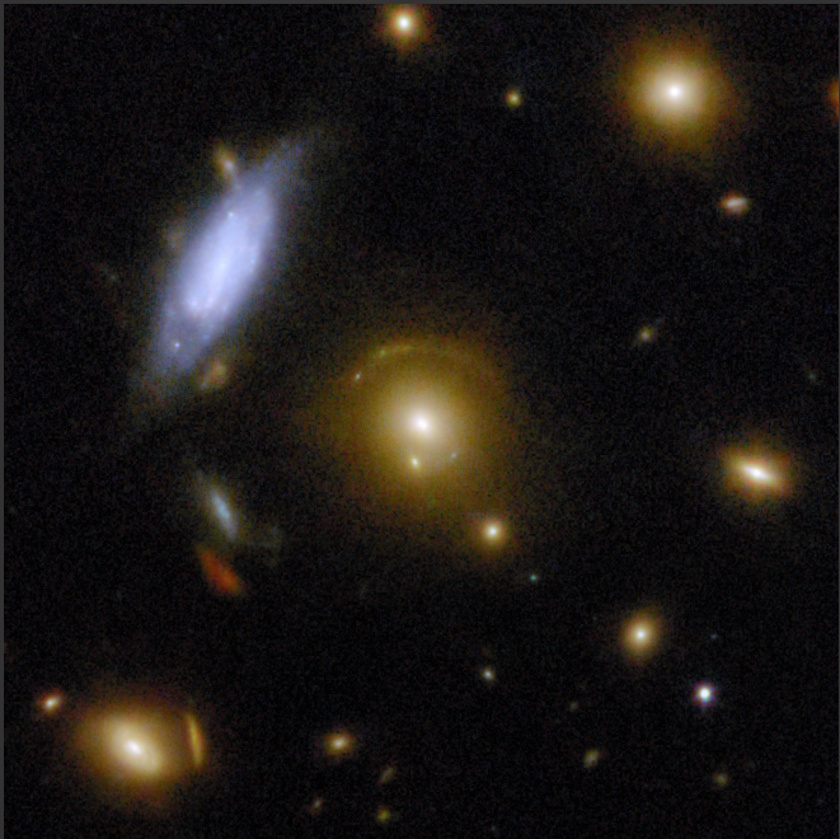 A cluster of galaxies is shown in space, captured by COSMOS-Web with JWST, featuring a prominent blue spiral galaxy on the left and several orange, elliptical galaxies scattered throughout a dark background shaped by gravitational lens effects.