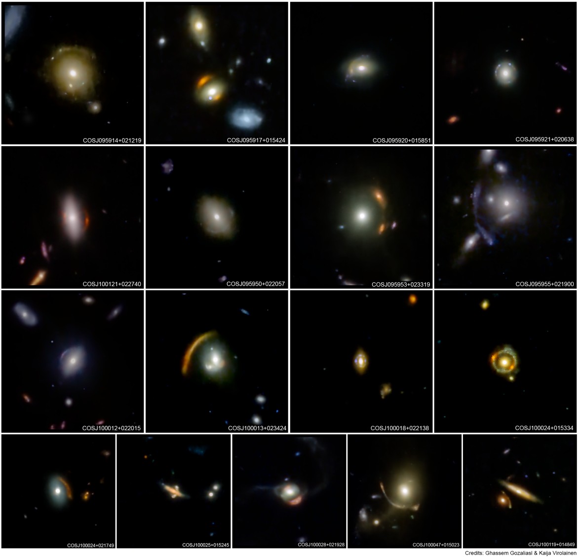 A grid of fifteen images from COSMOS-Web reveals distant galaxies and striking gravitational lensing effects captured by JWST, with each panel displaying unique light distortions against a black background.
