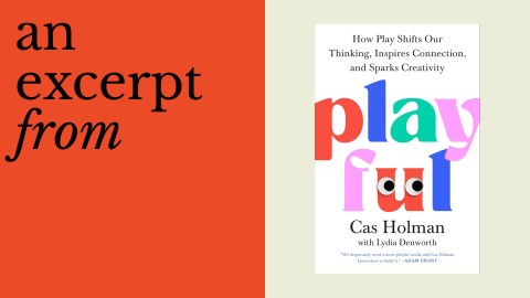 The image features the phrase "an excerpt from" on a red background next to the book cover of "Playful" by Cas Holman with Lydia Denworth, highlighting insights from play research.